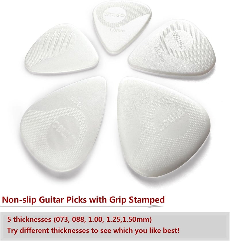 Wingo قلادات جيتار مع قبضة مطبوعة، قلادات غير قابلة للانزلاق بتصميم محكم 5 عبوات (073، 088، 1.0، 1.25، 1.5 مم) لجيتار أكوستيك وكهربائي وباس - لون أبيض. - Image 4